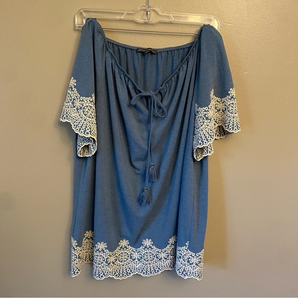 Adrianna Papell Embroidered Tasseled Peasant Blouse Top Blue XL - Picture 4 of 13